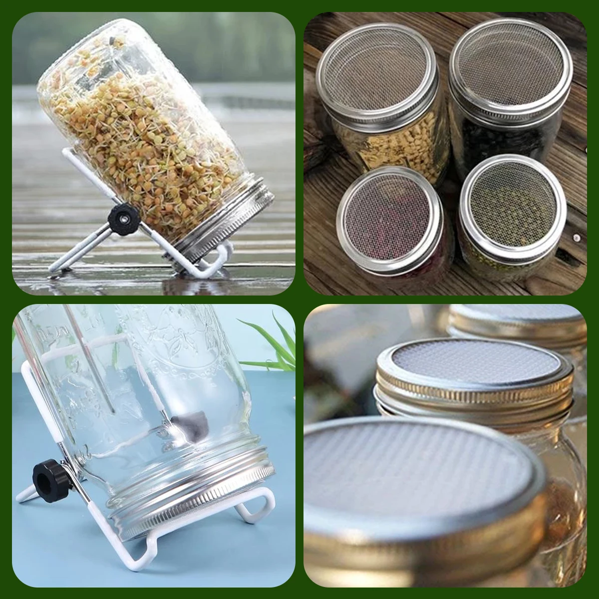 Description Picture 5 of itemSeed Sprouter Germination Cover Sprouting Mason Jars With Stainless Steel Strainer Screen Lids Germinator Stand Planting Tools