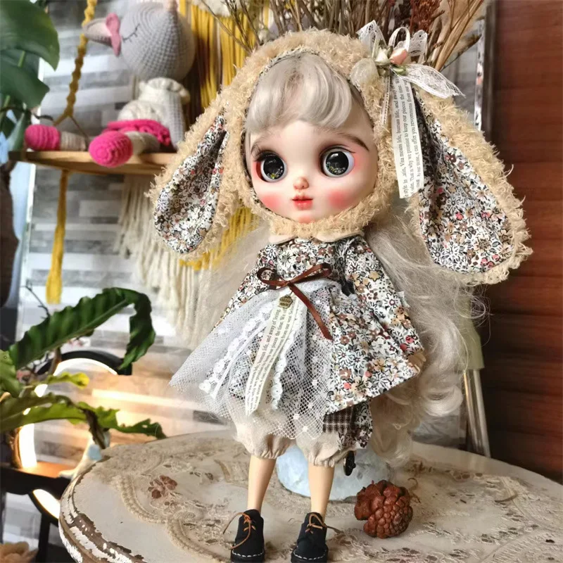 Handgefertigtes Puppenrockkleid mit großem Ohr, Hasenhut, Puppenkleid mit Blumenmuster für Blythes, Ymy, Licca, Azones, Ob24, Ob27, Fr-Puppe – Detail 3