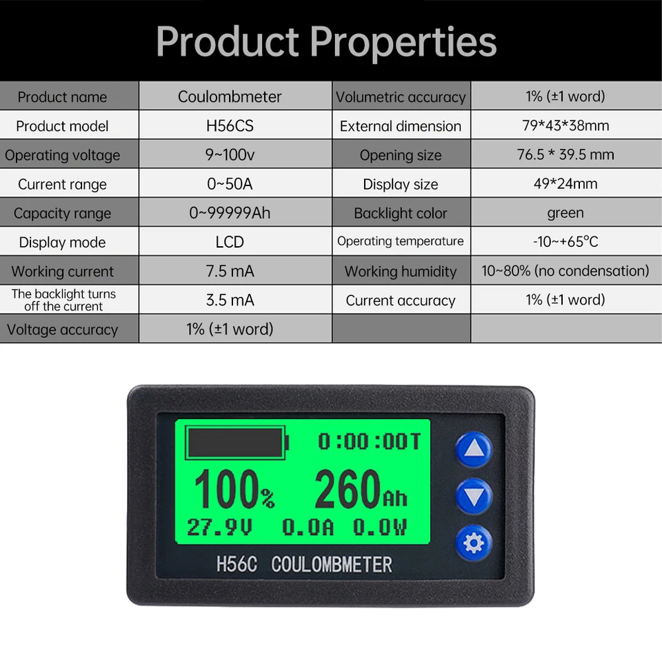 Coulomb Tester, Wifi Remote Control 10-100V 100A Digital Voltmeter Ammeter Battery Capacity Power Electricity AH Voltage Meter Built-in Buzzer