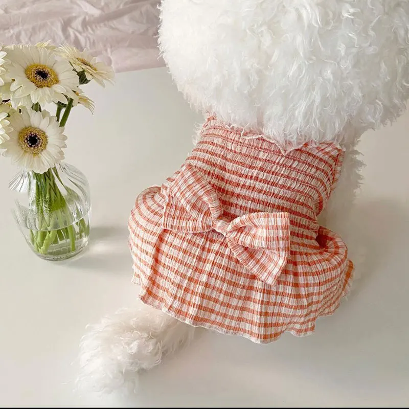 Dog Suspender Skirt Puppy Summer Clothes Bow Plaid Dog Vest Pet Striped Dress Chihuahua Bichon Kitten Pink Girls Costume