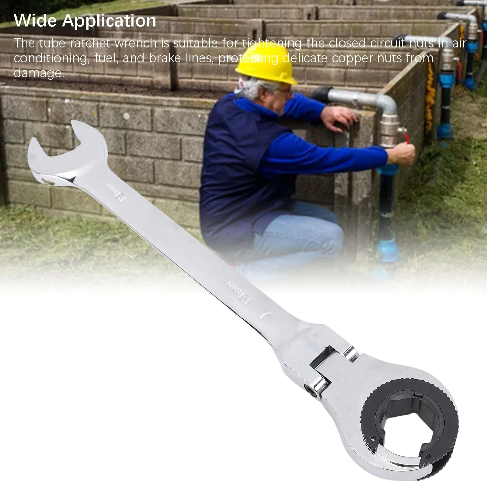 Ratcheting Wrench 180 Degree Adjustable Practical Ratcheting Tubing Wrench Flex Head 72 Tooth Open End 19mm for Maintenance