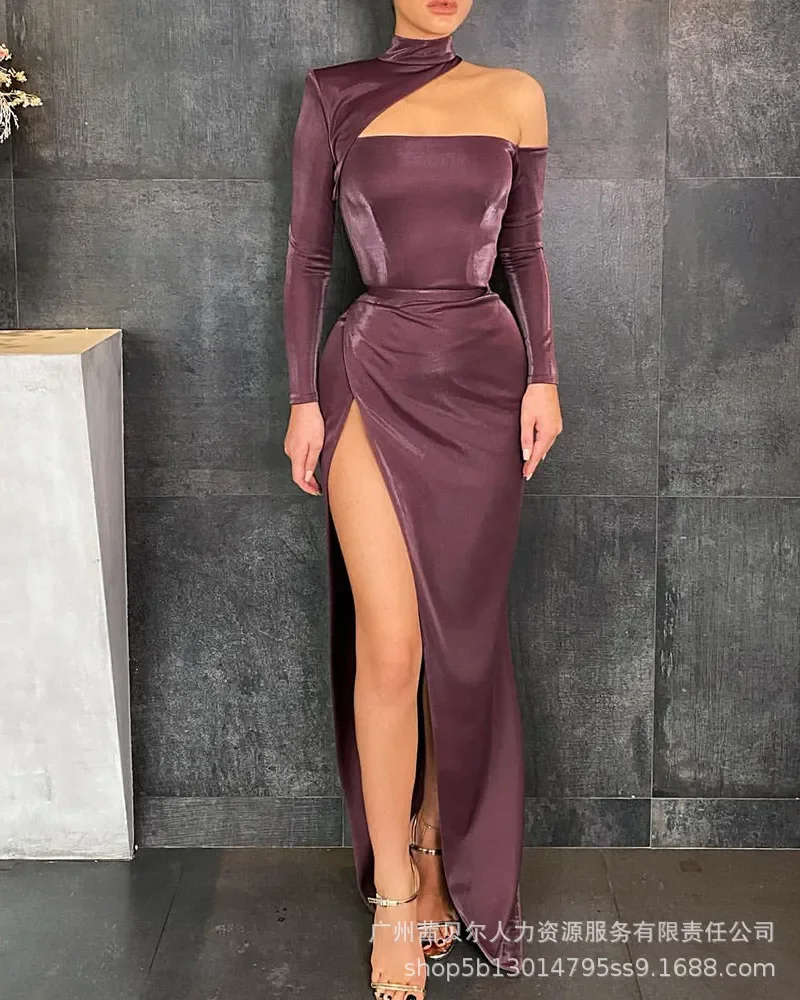 

Women Dresses Inclined Shoulder Long Sleeve Dress Pullover Party Dress Vestidos Formal Floor Length Sexy Office Lady Solid