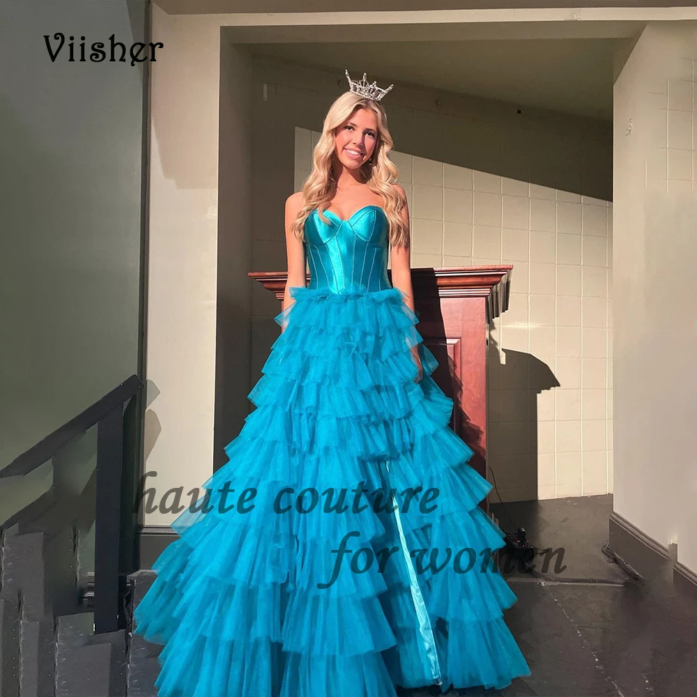

Blue Tulle A Line Evening Dresses with Slit Corset Sweetheart Prom Party Dress Floor Length Womens Celebrate Event Gowns