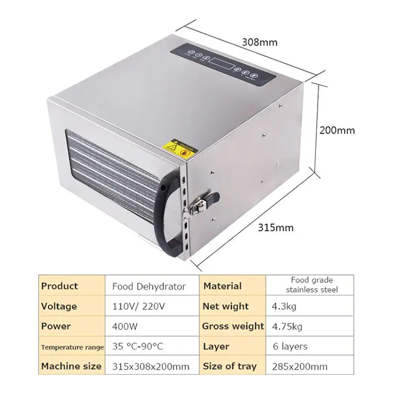 SENDRY Food Dehydrator with 6 Stainless Steel Trays, LED Touch Control  Design Adjustable 158°F Temperature and 72H Timer, Food Dryer Machine for