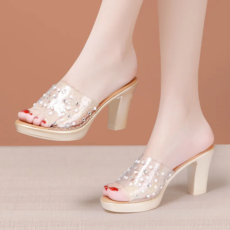 8cm Small Big Size 32-43 Clear Rhinestone Gold Block High Heels Shoes Summer Slippers 2023 Women's Leather Slides Office Party