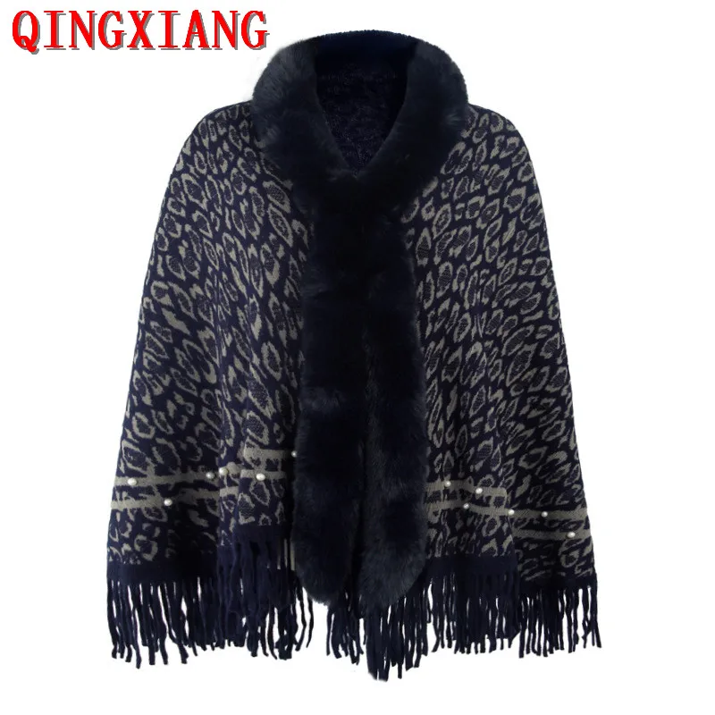 6 Colors Women Black Winter Faux Fur Collar Leopard Poncho Streetwear Thick Warm Loose Cloak Big Pendulum Tassel Shawl Coat