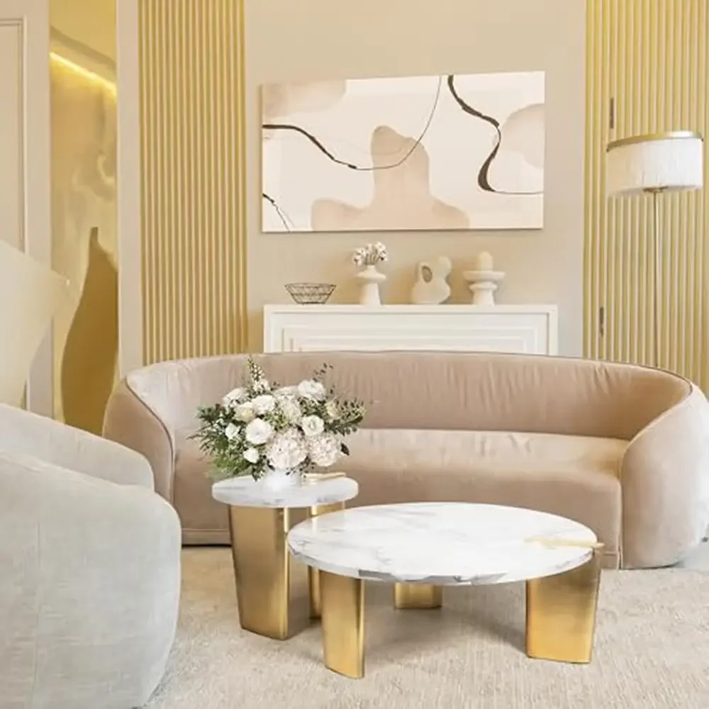 White Marble Pattern Round Wood Nesting Coffee Table Set of 2 Living Room Side Table with Gold Legs Spacious Storage Easy to 3
