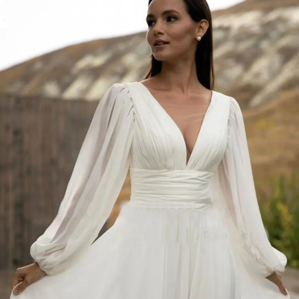 

Simple Puff Sleeve Wedding Dress Bridal Long A Line Backless Beach Bride Gown Sweep Train Chiffon Robe De Mariée VestidosCL-359