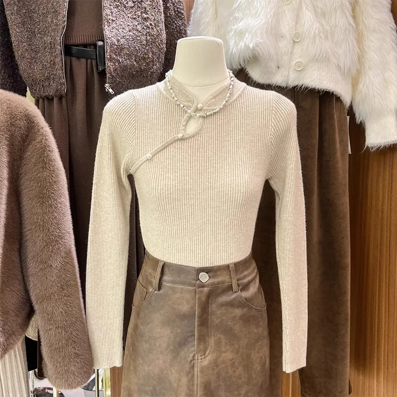 

Autumn Winter New Chinese Stand up Neck Top Solid Color Long Sleeve Casual Slim Pullover Sweater Fashion Simpl Knitwear
