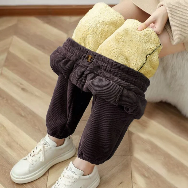 Woman Clothes Winter Office Lady Corduroy Lamb Wool Plush Warm Pencil Pants Pink Sporty Fake ButtonThick Solid Casual Long Pants