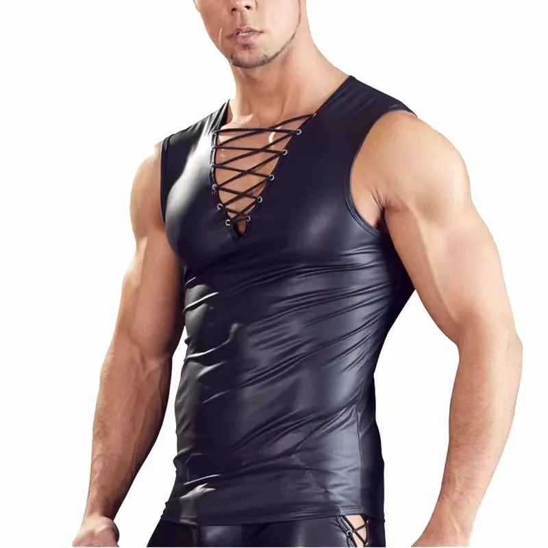 

S-7XL Mens Sexy PU Tank Tops Sleeveless Erotic Shaping Sheath Stretch Shirts Soft Latex Bodycon Patent Leather T-shirts Sexi