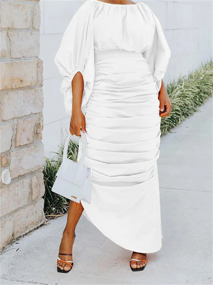 Wmstar Women Dress Autumn Elegant Solid Color Fashion O Neck Lantern Long Sleeve Irregular Ruffled Slim Party Lady Long Dresses