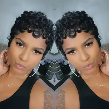 Hair Synthetic Wigs For Black Women Glueless Short Curly wigs With Bangs For Daily Use Natural Black 1B Color