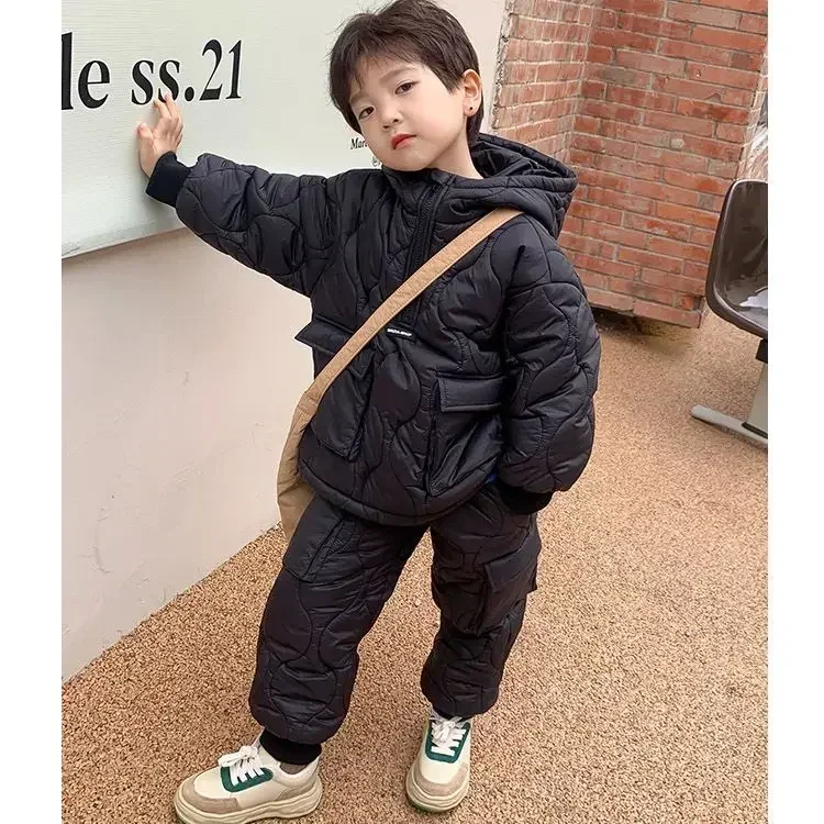 Childrens Winter Clothing Boys Cotton Suit Baby Winter Cotton Jacket Plush and Thickened Two-piece Set