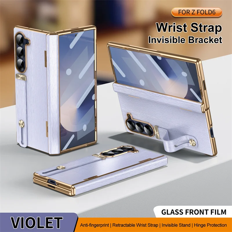 For Samsung Galaxy Z Fold 7 6 5 4 3 5G With Screen Protect Film Hinge Plating Frame Leather Phone Case With Wrist Strap Bracket | Gaffar India