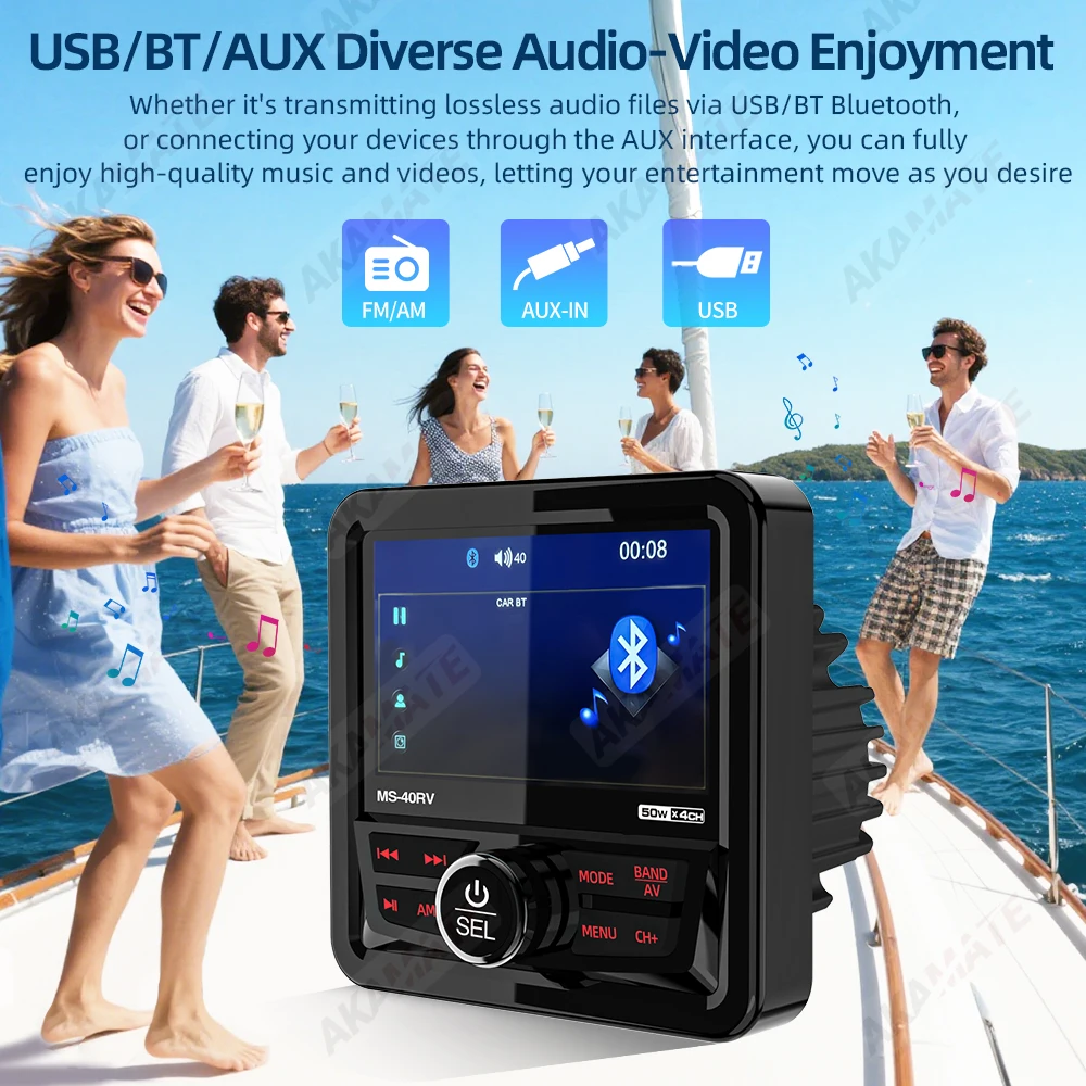 RV Radio Marine Stereo Square Boat Radio Speaker FM AM Antenna Waterproof IPX5 Bluetooth Multimedia Player MP5