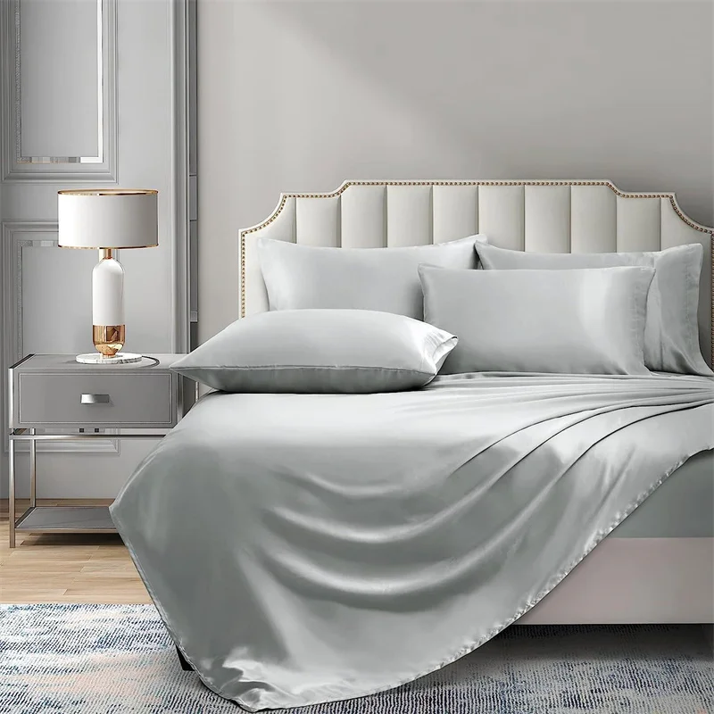 Mulberry Silk Bed Sheet Set with Fitted Sheet Flat Sheets Pillowcase Luxury Solid Color Bedding Sets Wrinkle-Free Antiallergic 5