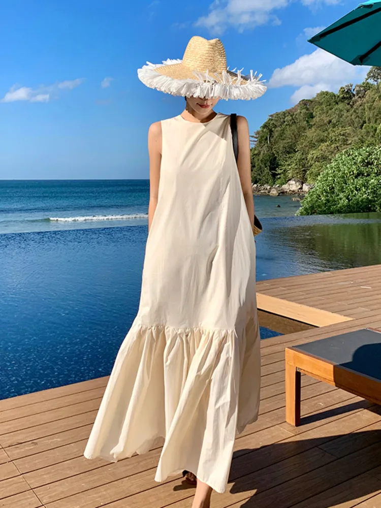 

Женское дизайнерское платье-миди без рукавов, модный офисный пуловер с круглым вырезом, пляжная одежда, праздничные платья, женская одежда на лето