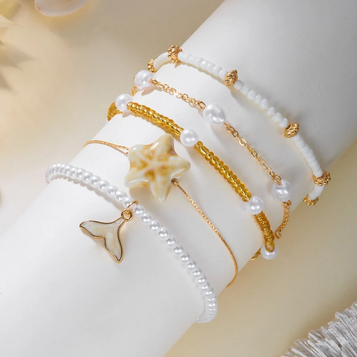 Keramik-Seestern-Fischschwanz-Reisperlen-Imitationsperlen-Fußkettchen für Damen und Herren, Muschel-Schildkröten-Kristallstein-Fußkette, Schmuck – Detail 19