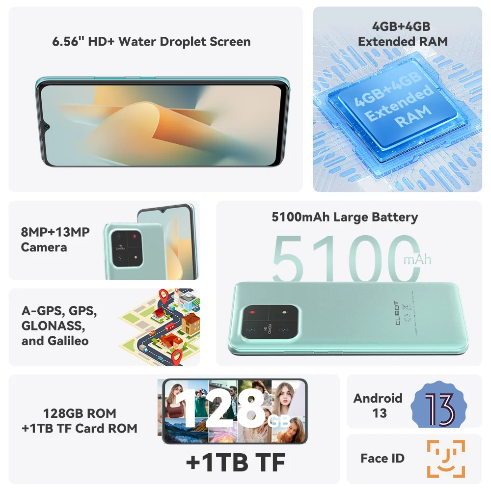 Cubot A1, Smartphone Android 13, Octa-core, 8GB RAM (4GB+4GB), 128GB ROM, 6.56'' HD+ Screen, 13MP Camera, 5100mAh, Face ID Phone 2