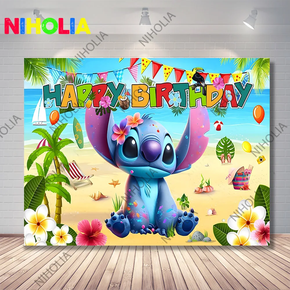 Lilo & Stitch Backdrop Kids Birthday Party Photo Decoration Photography Ocean Flower Background Baby Shower Prop Banner