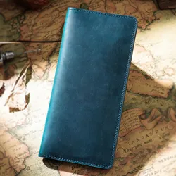 Handcrafted Genuine Leather Slim Bifold Wallet - Minimalist Vintage Design (Blue)