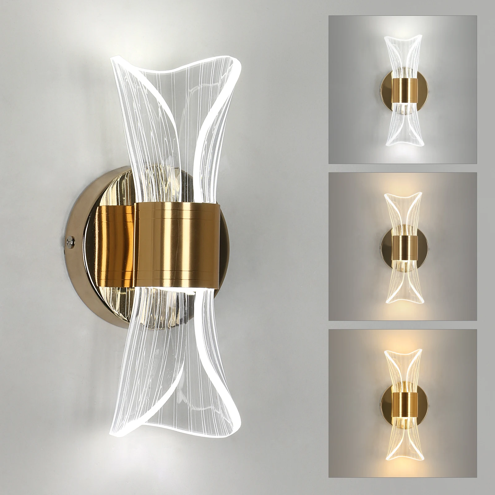 Modern LED Wall Lamp, 12W 3 Colors Dimmable Gold Sconce Acrylic Bow-knot Wall Light Fixture for Bedroom Living Room Corridor Home Decor