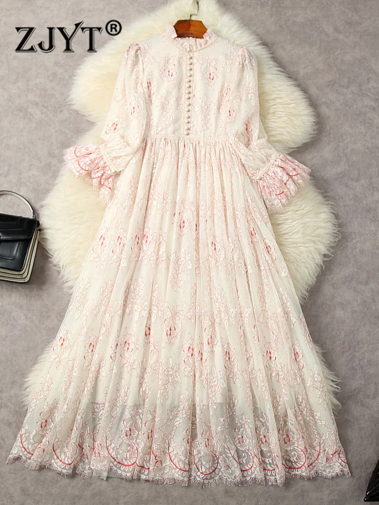 

ZJYT Elegant Flare Sleeve Long Maxi Lace Dresses for Party Women Luxury 2023 Spring Ruffled Collar Sweet Evening Robes Holiday