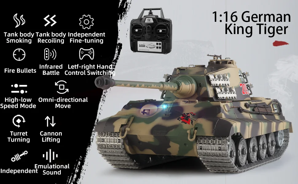 Heng Long rc tanks 1/16 German King Tiger tank Model(Metal Road Wheel & Sprocket wheel & Gun canal)(360ﾂｰRotating Turret) 