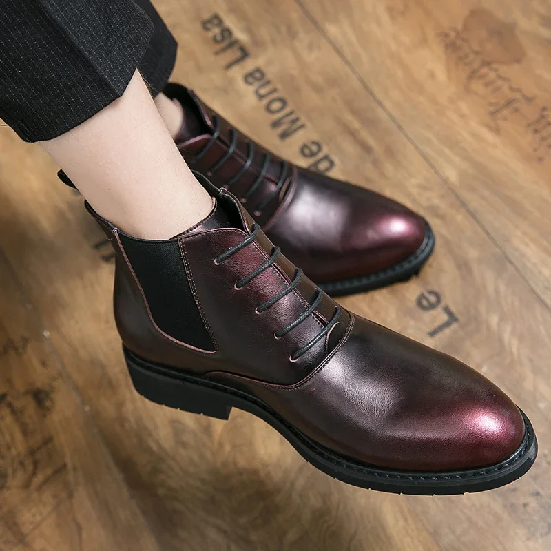 

Winter Fur Men Fashion Black Leather Boots Red Chelsea Men Boots Pointed Toe Low Heel Casual Classic Men Boots and Luxury Shoes