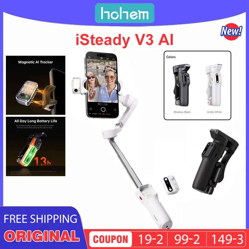 Hohem V3 Smartphone Stabilizer Ai Face Tracking 3-Axis Phone Gimbal Built-in Selfie Stick Portable for Samsung iPhone15