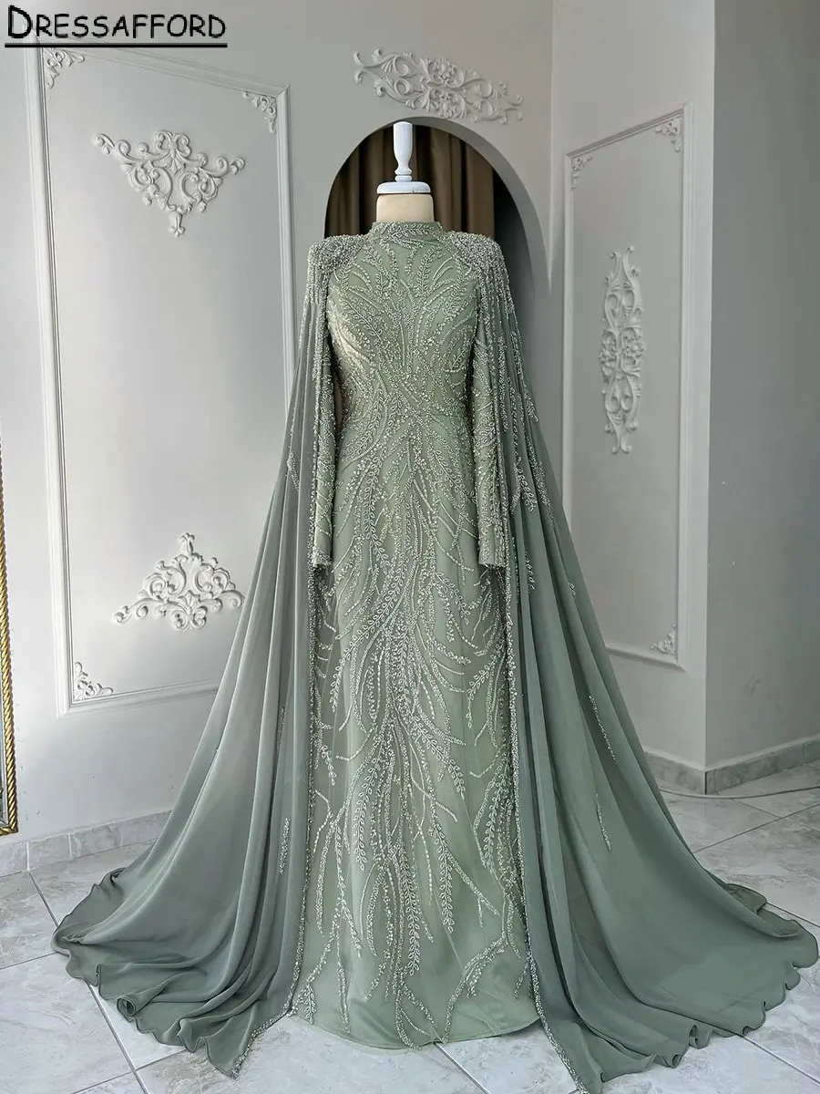 

Muslim High Neck Sequined Beading Dubai A-Line Evening Dress Long Sleeve Ribbons Formal Party Wear Gown