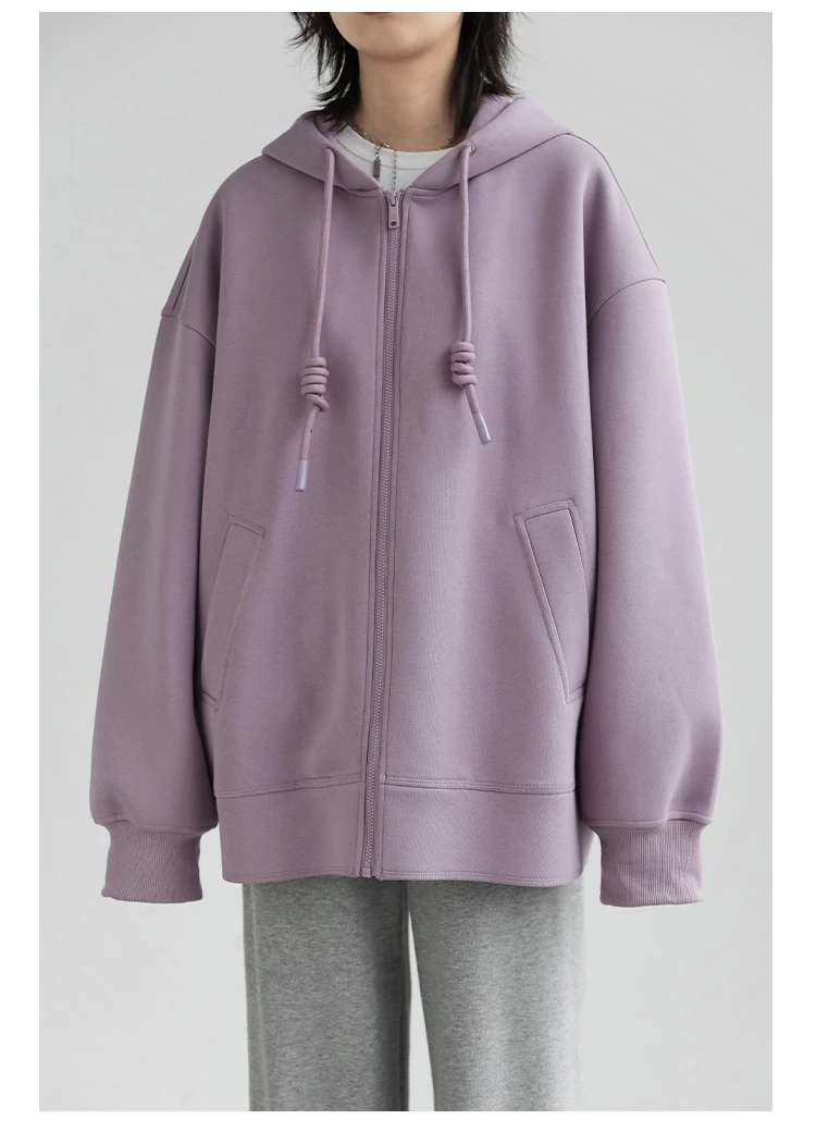 Soft Zip Hoodie   Women's Drawcord Sweatshirt  Hoodies Solid Loose Casual Hooded Female Tops Lady Coat Medium Length Overcoat Spring Autumn Fitness Sportswear Plus size Sweatshirts for Woman in Lilac Purple