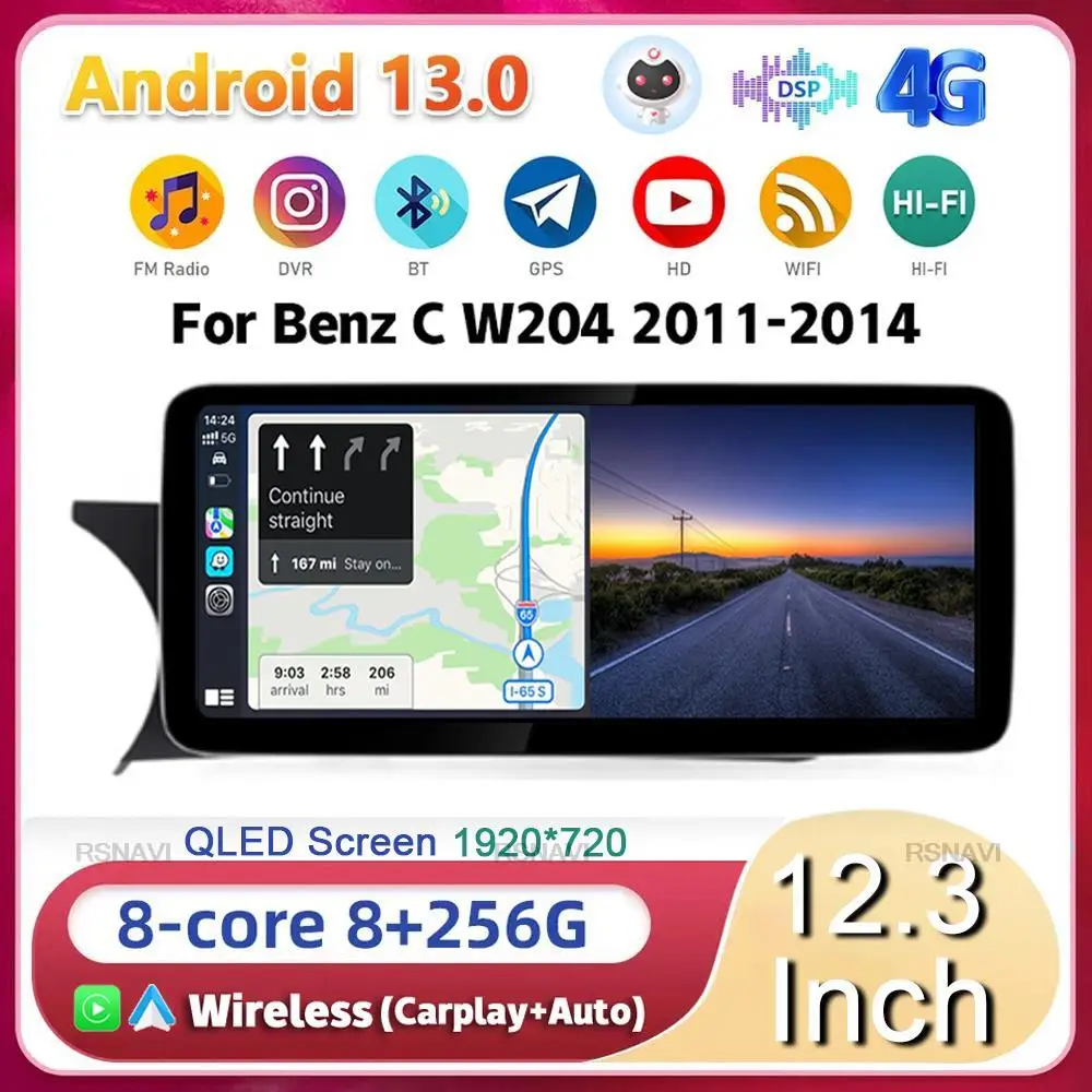

12.3" Android 13 8 Core Car Radio For Mercedes C Class W204 2011-2014 WIFI+4G LTE GPS Navi Auto Carplay Multimedia Player Stereo