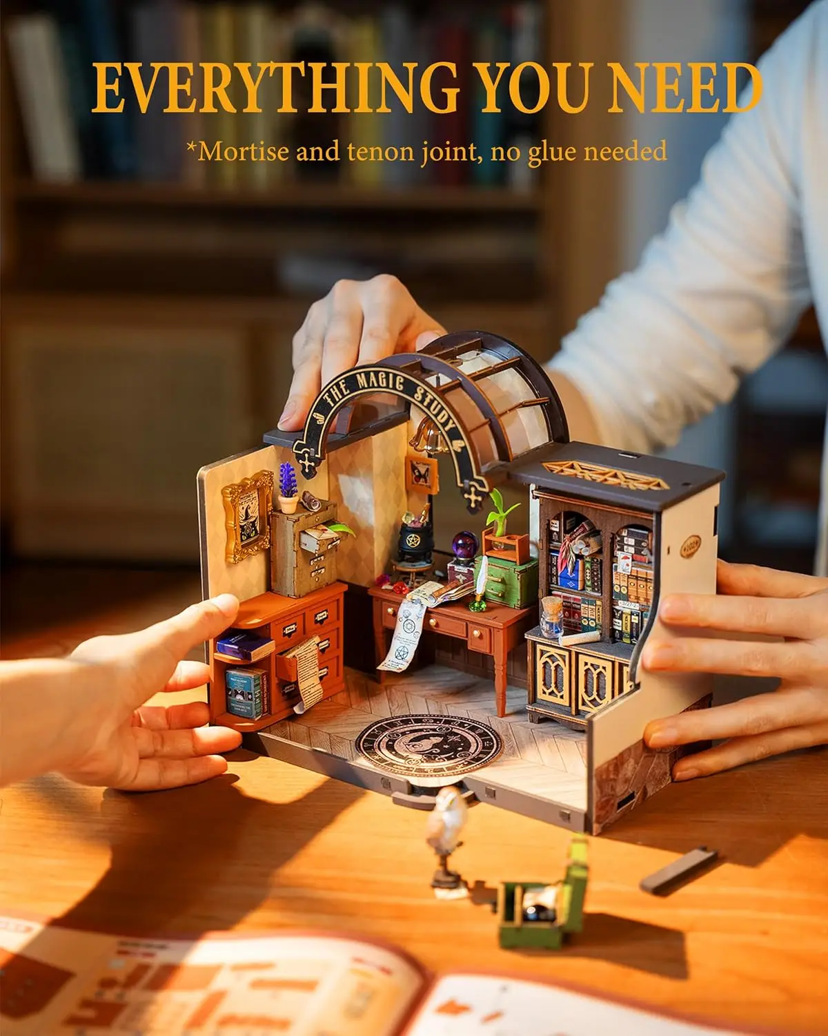 Robotime Magic Study DIY Miniature House Kit with LED and Furniture Wooden Dollhouse Model Building Kit Gift for Children Adults 4