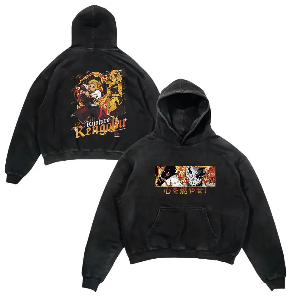 Anime Demon Slayer Retro Washed Hoodies Black Print Vintage Cotton Hooded Sweatshirts Oversize Hip Hop Male Pullover