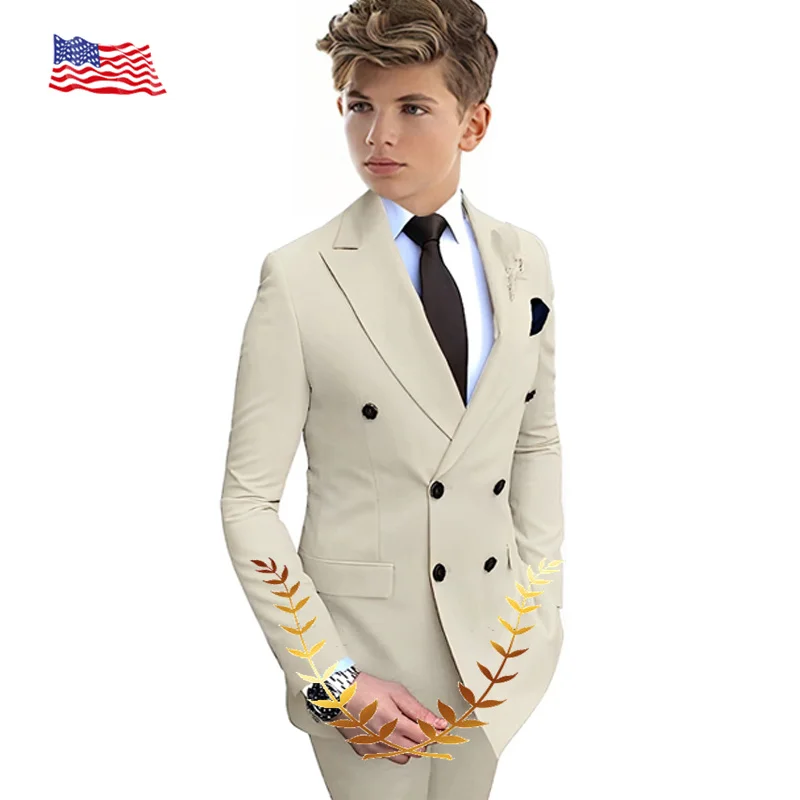 Beige Boys Suit 2 Pieces Double-Breasted Notch Lapel Flat Slim Fit Casual Tuxedos For Wedding (Blazer+Pants) boys suits