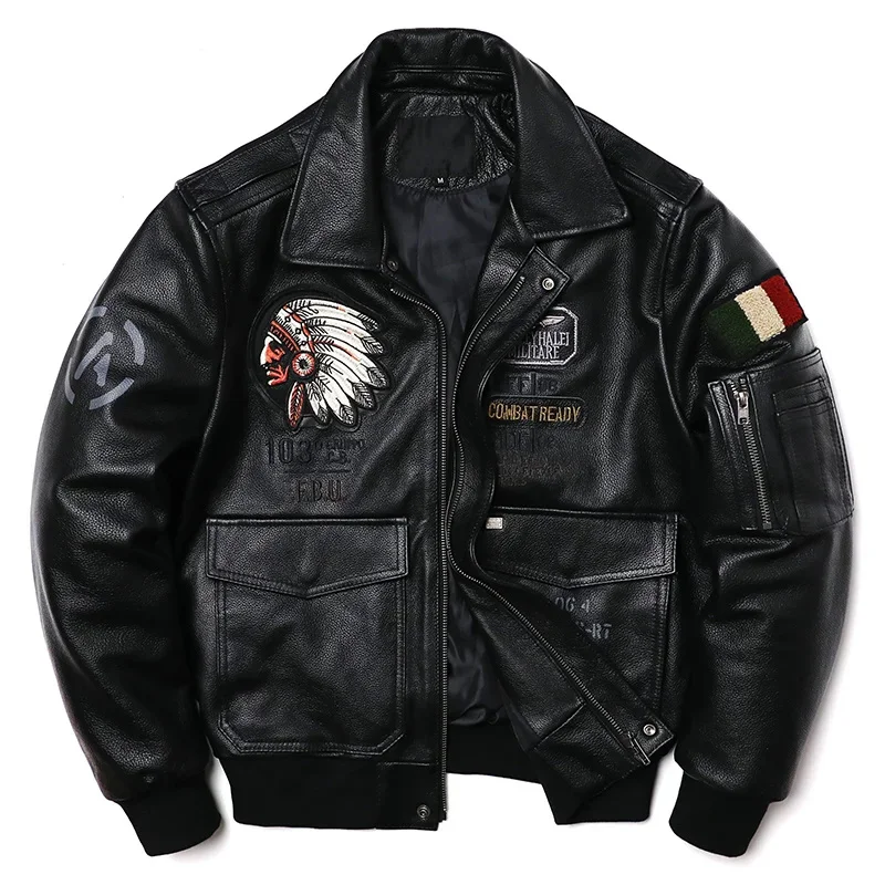 

2024 New Indian Embroidery Genuine Leather Jacket Men's Cowhide Motorcycle Jackets Air Force Pilots Clothes Flying Suit