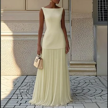Modigirl 2025 Abiti lunghi da ballo da sera per donna Abiti estivi eleganti senza maniche in garza pieghettata Abiti da cerimonia per cocktail party