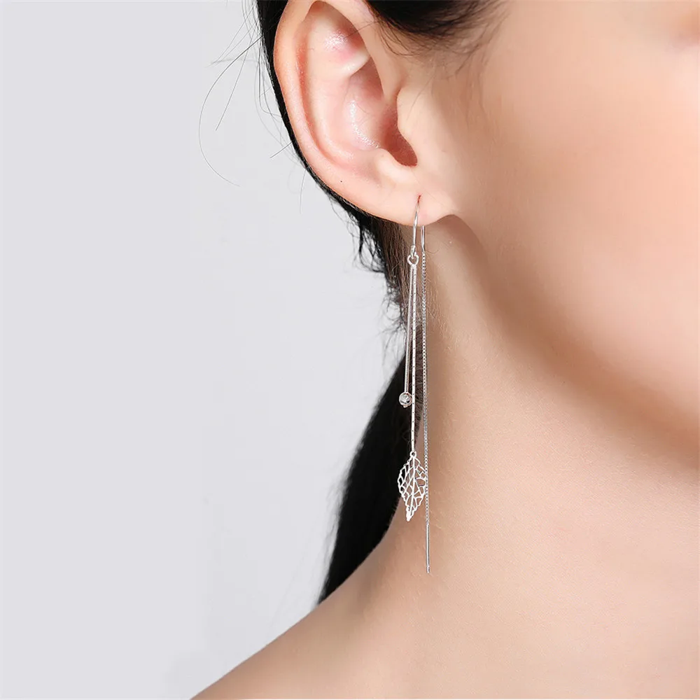 Silver Color Hollow Leaves Earrings for Women Temperament Long Tassel Tea Ear Chain Earring Super Fairy Jewelry dangle earrings,drop earrings,pendant earrings,long earrings,crystal tassel earrings