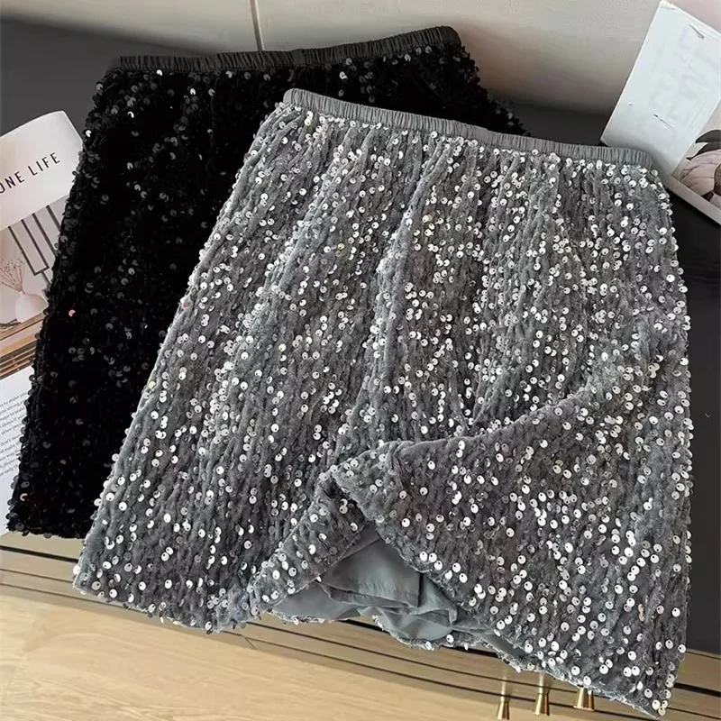 

Spring Autumn Sexy Club Sequined Skirt Women Elastic High Waist A-Line Mini Skirt Office Ladies Slim Bodycon Short Skirts Saia