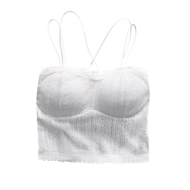 Teenage Bras Versatile Sleeveless Lace Cotton Off Shoulder Slim Solid Color Strap Top Tube White Black