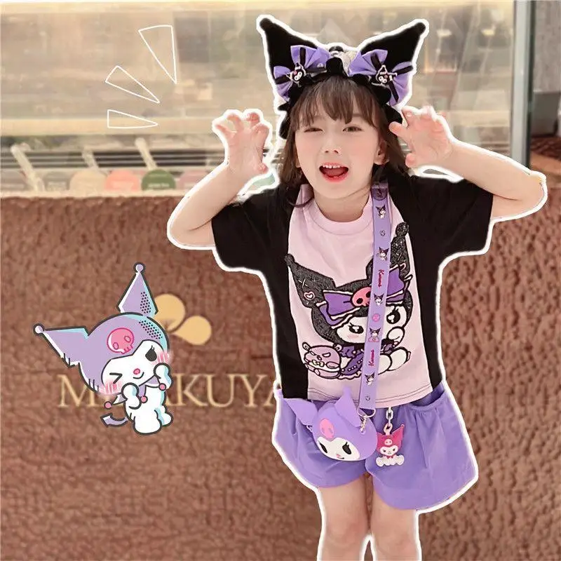 

Pure Cotton Kuromi Girls' Set New Summer Patchwork Color Contrast Design Ins Fashion Sanrio Dopamine Dressing Two-Piece Set