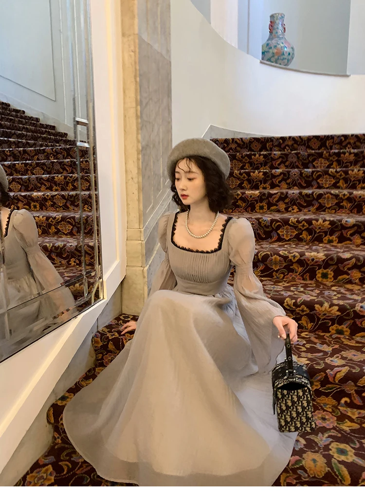 Autumn Princess Midi Dresses for Women Square Collar Flare Sleeve A-line Party Dress Slim Waist Korean One Piece Vestidos New