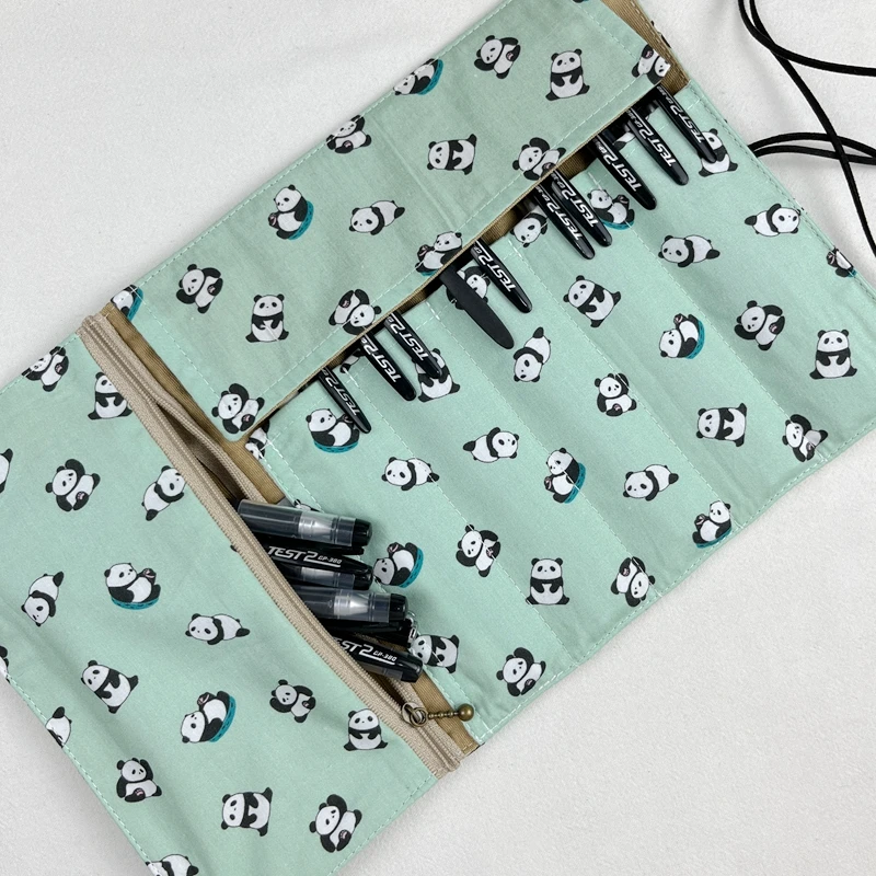 새로운 그린 팬더 패브릭 펜 커튼 대용량 펜 가방 문구 보관 가방 펜 가방 휴대용 펜 커튼