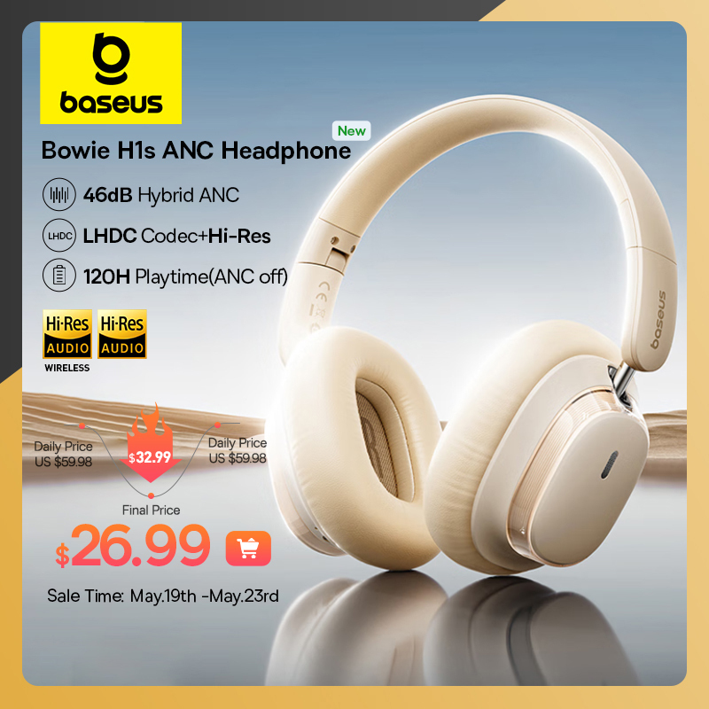 Baseus Bowie H1s Wireless Headphones Bluetooth 5.4 Noise Canceling 46dB Over Ear Headset Hi-Res Spatial Audio Earphone 120H Time