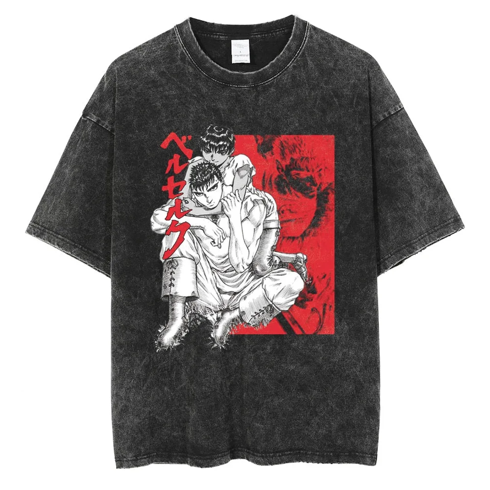 Vintage Washed Berserk T-Shirt für Herren und Damen Retro Anime Totenkopf Grafik Tees Übergroße Streetwear Baumwolle Kurzarm T-Shirts – Detail 10