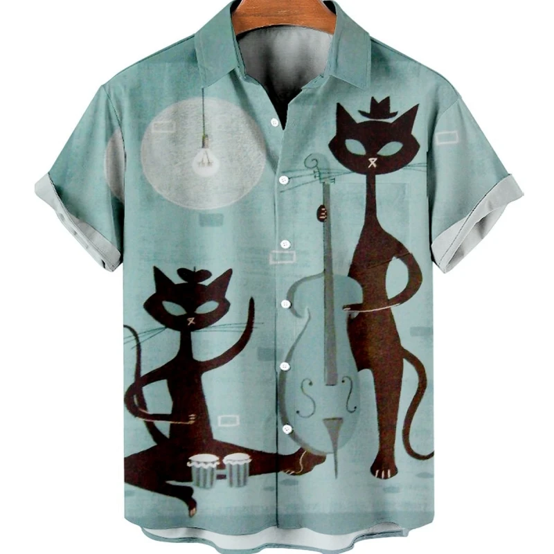 Chemise Homme Manches Longues - Motif Chat Dessin Animé, Col V, 100% Polyester, Décontractée