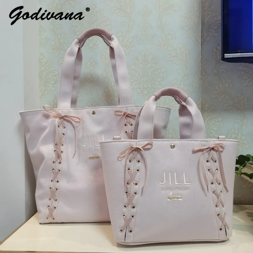 Japanese Style Lace-up Bow Canvas Handbag Female Casual Large Capacity Shopping Bag Fashion Shoulder Bags