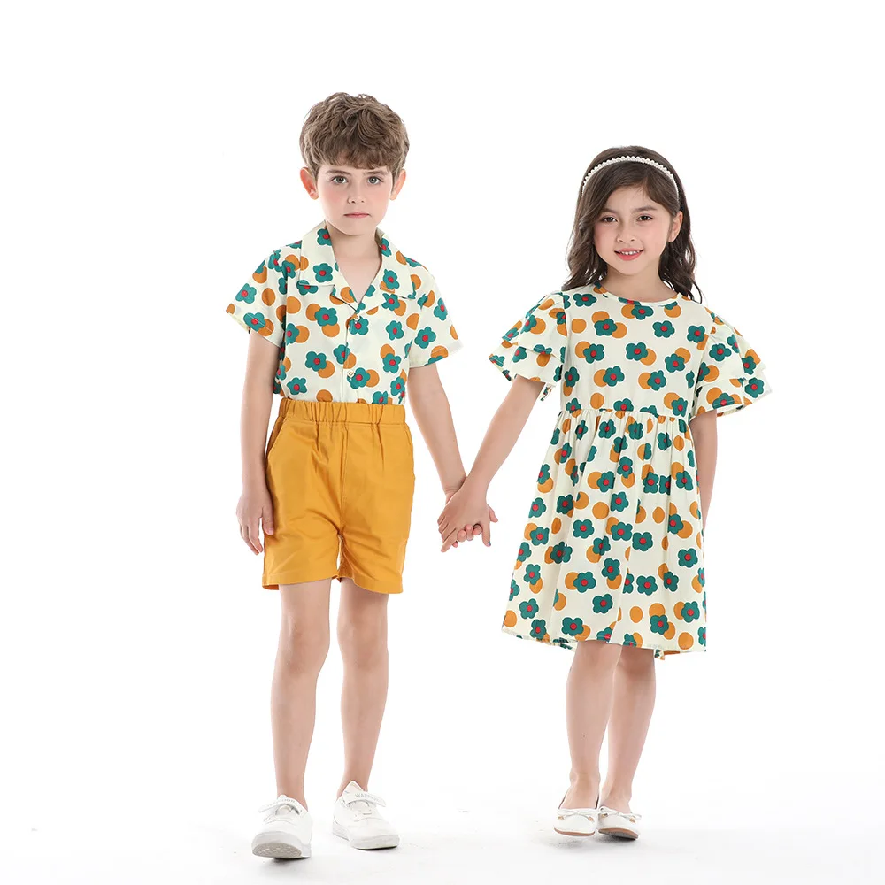 

Children's Clothes 2023 Summer New Boys Shirt Printed Short Sleeve and Shorts Set Girls Printed Lotus Sleeve Pure Cotton Skirt